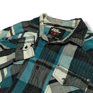 Vintage NO FEAR Plaid Size M Cotton Blue Gray Flannel Long Sleeve Y2K